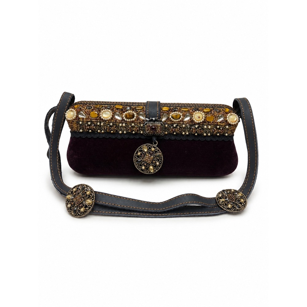 Mary Frances Velvet Beaded Jeweled Shoulder Bag Purse Boho Evening Burgundy